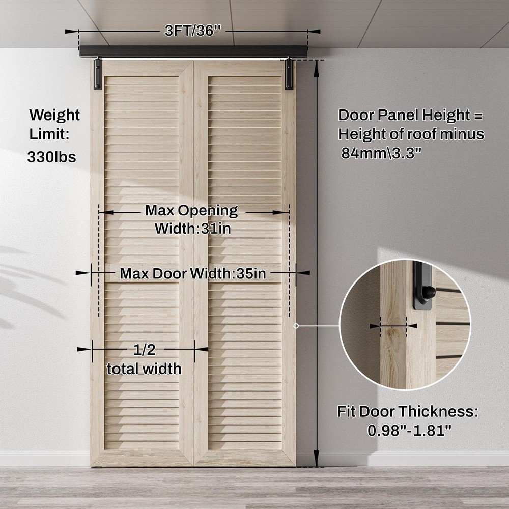 36"/3FT Ceiling Mount Box Rail Hardware Bifold Sliding Barn Door Hardware Hea...