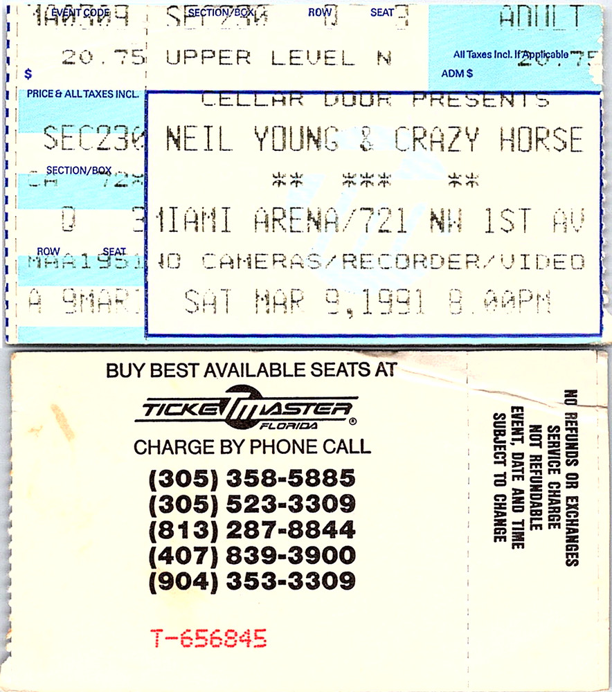 NEIL YOUNG CONCERT TICKET STUB, 3/09/1991, MIAMI ARENA