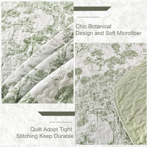 Botanical Quilt Set 3 Pieces Toile Floral Plants Printed King Sage Green