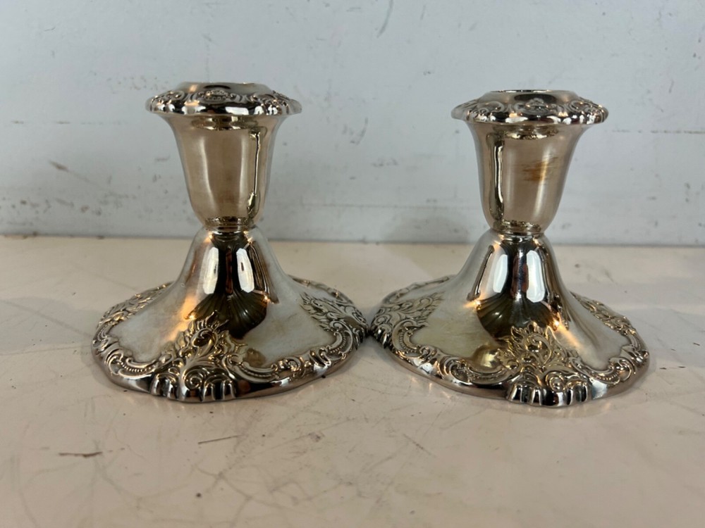 Vintage Wallace Baroque Pair of Silver Plate Candlesticks