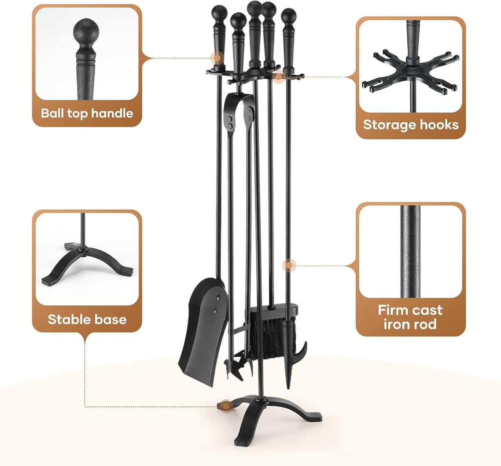 OGL 5 Pcs Fireplace Tools Sets, Firepit Poker Toolset with Accessories Include T