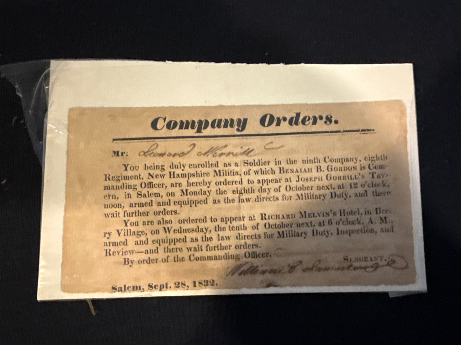 UNITED STATES SOLDIER ENROLLMENT LETTER - SEPT 28, 1832