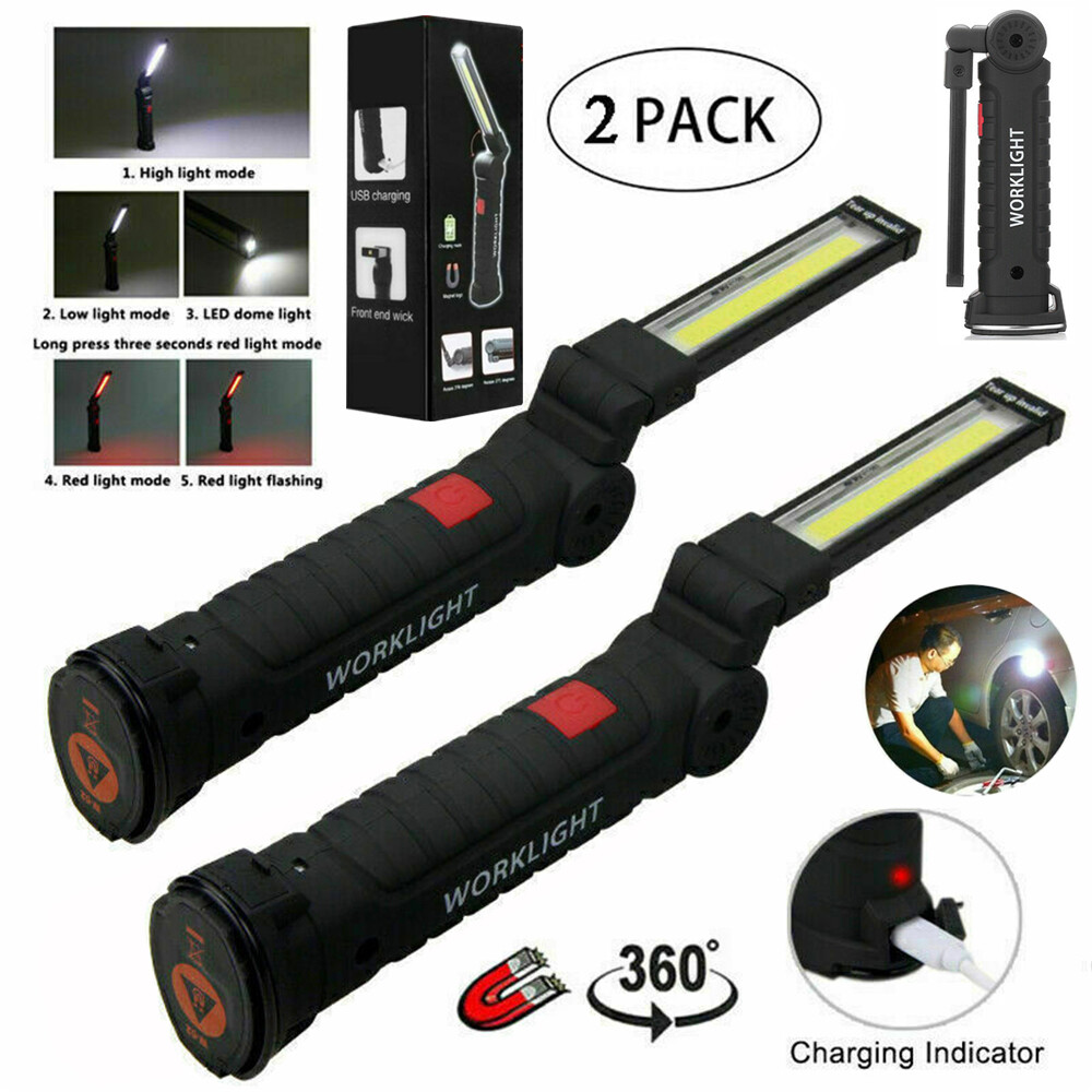 2x LED Rechargeable Work Light Magnet Flashlight Folding Torch Inspection Lamp