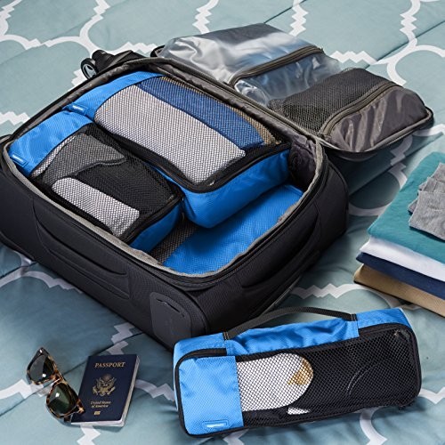 AmazonBasics 4 Piece Packing Travel Organizer Cubes Set Blue
