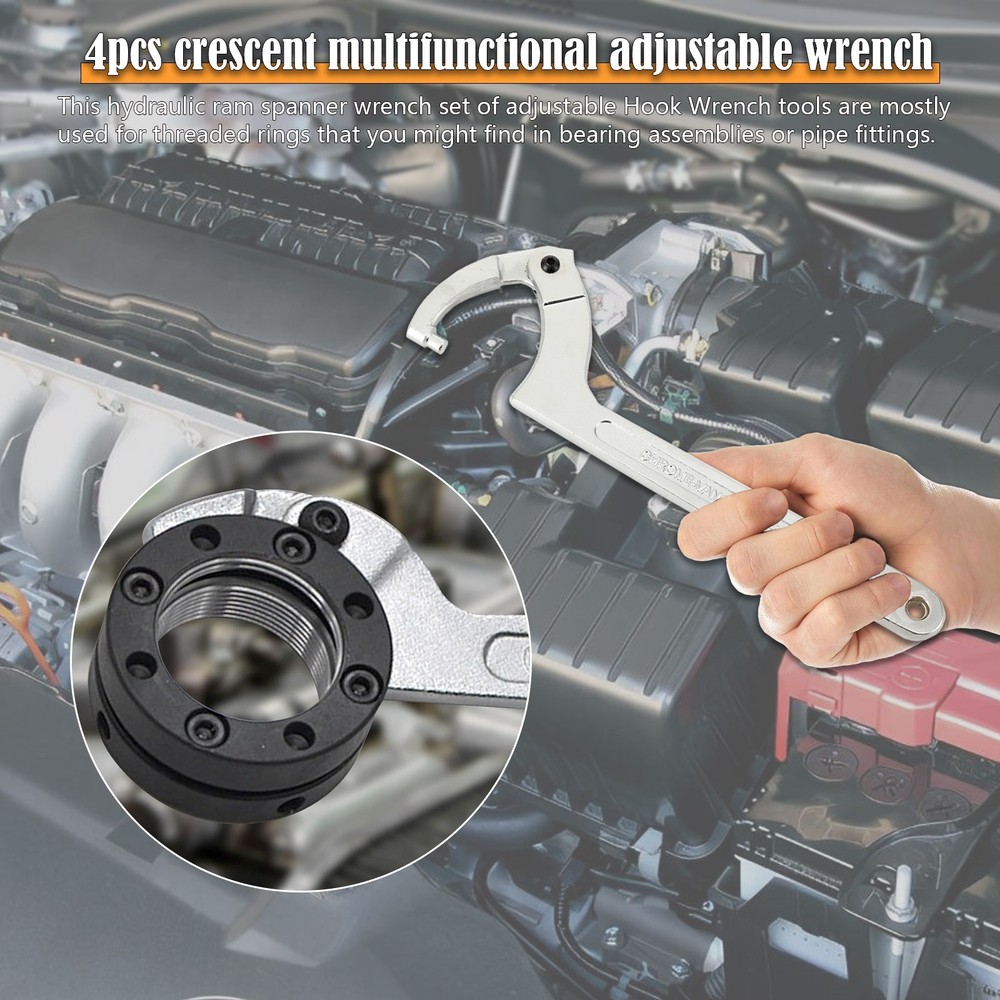 4-Pc Chrome Vanadium Adjustable Hook Wrench Set for Hydraulic Rams and Machines