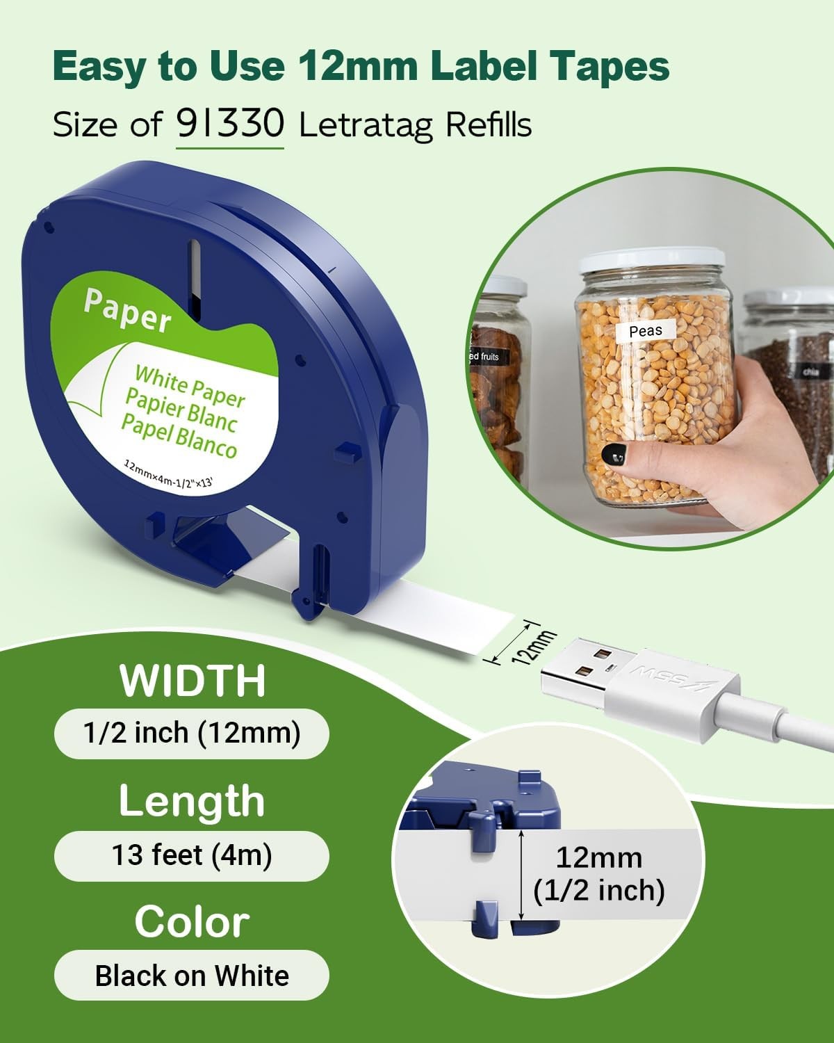 5 Pack Replace DYMO LetraTag Refills 91330 10697 White Paper Label Tape 12mm 4m