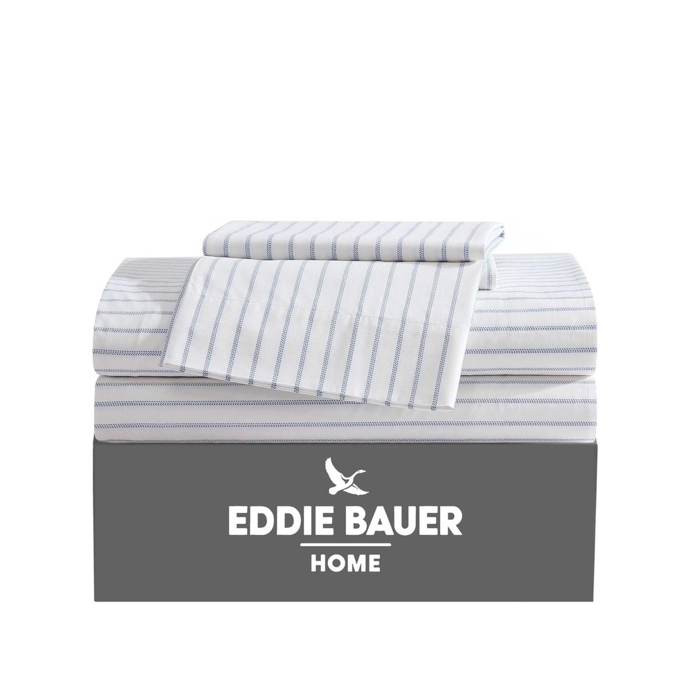 Eddie Bauer - King Sheets, Cotton Percale King, Essential Stripe White