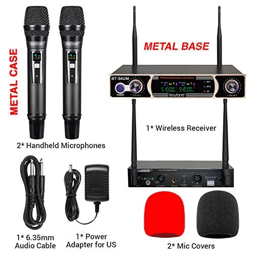 Dual Fixed Dynamic UHF Wireless Microphone System, Metal Microphone and Base,