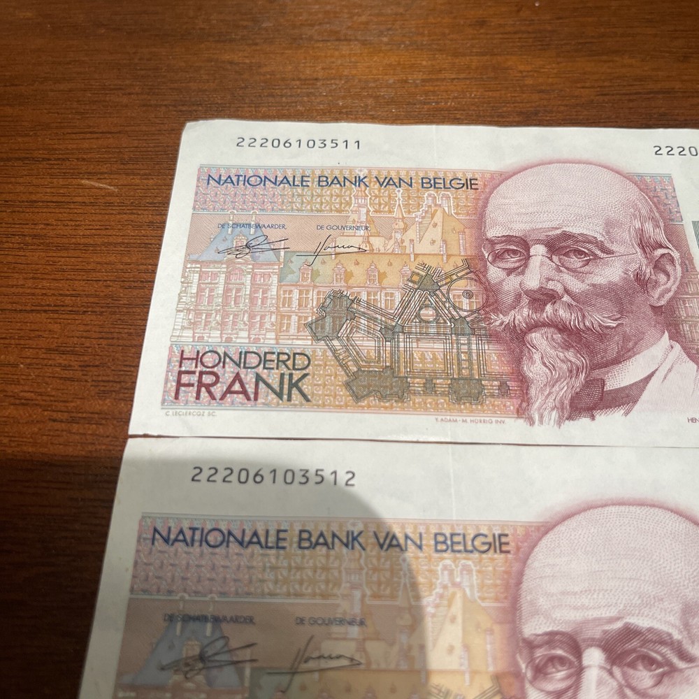 Two Sequential 100 Belgian Franc banknote (Hendrik Beyaert) 22206103511/2 uncir