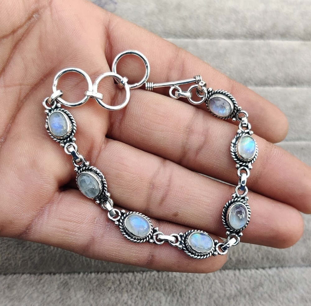 Moonstone Bracelet Solid 925 Sterling Silver Handmade Adjustable Bracelet Gift
