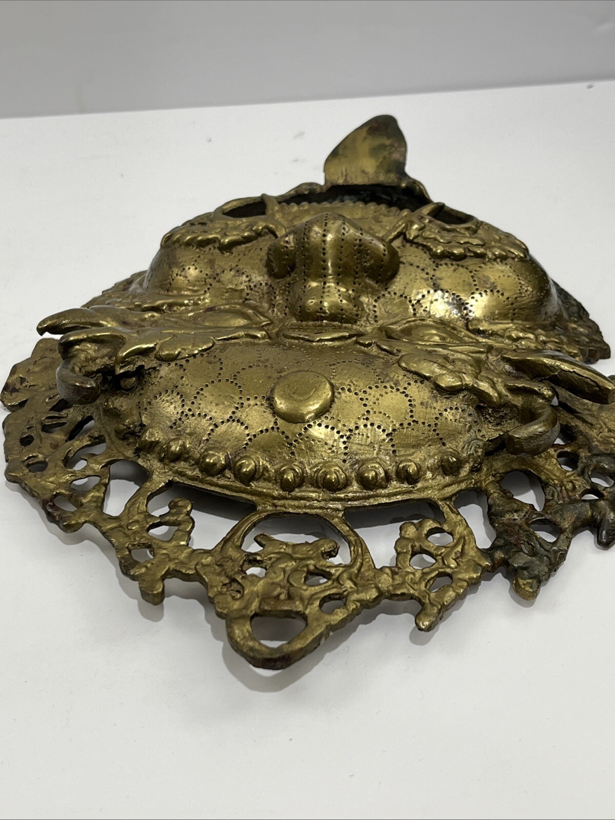 Antique or Vintage Gilt Bronze Tibetan Buddha Mahakala Mask Wall Hanging 9” T