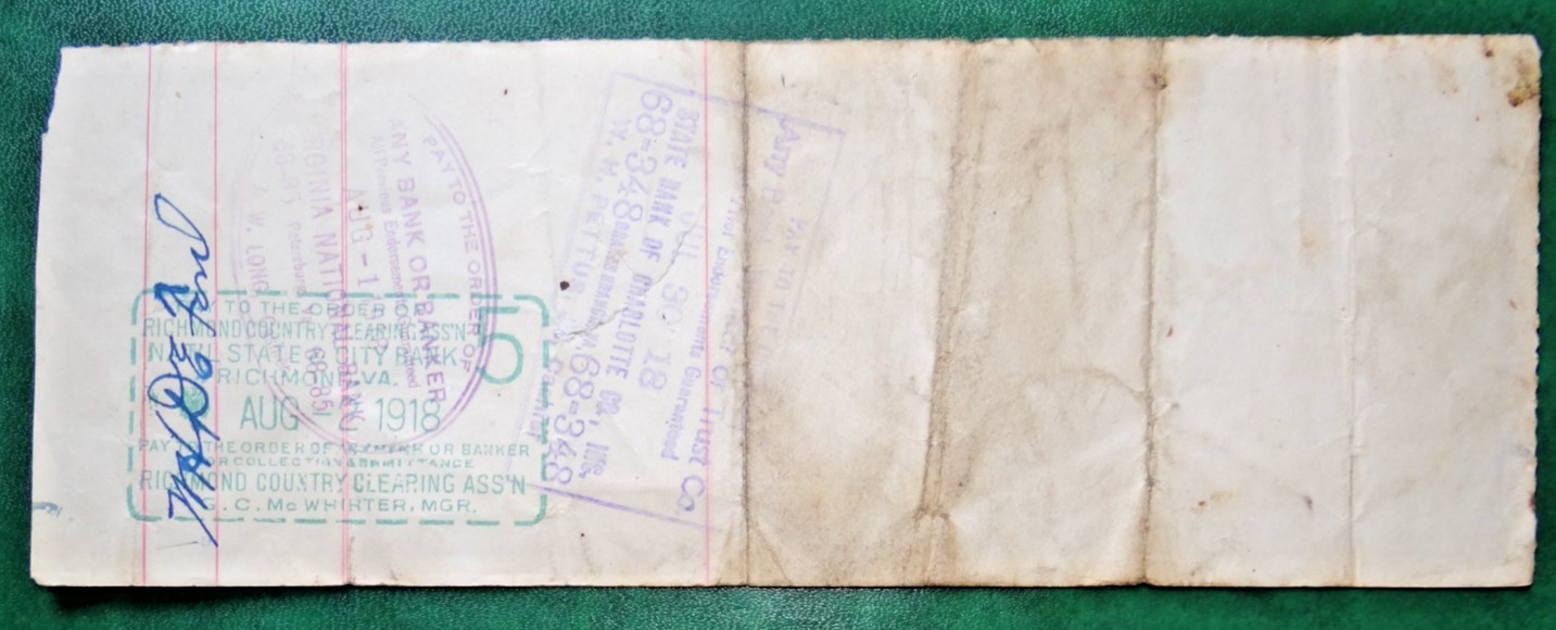 1918 - EDWARD SHORTER - Darlington Heights VA - check- State Bank of Pamplin, VA