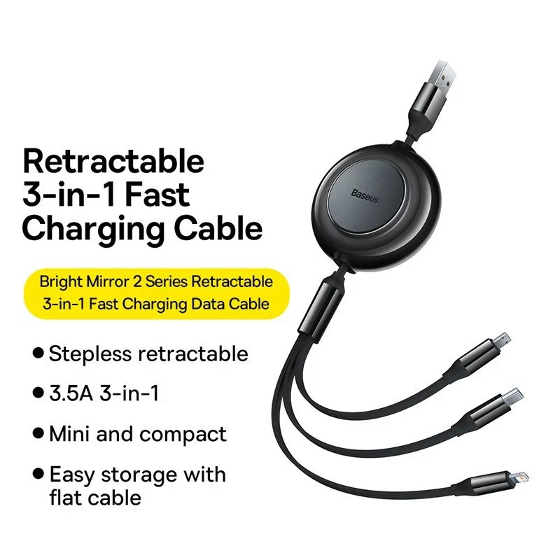 Baseus 3 IN 1 Retractable Charging Cable USB Charge Cable For iPhone Samsung