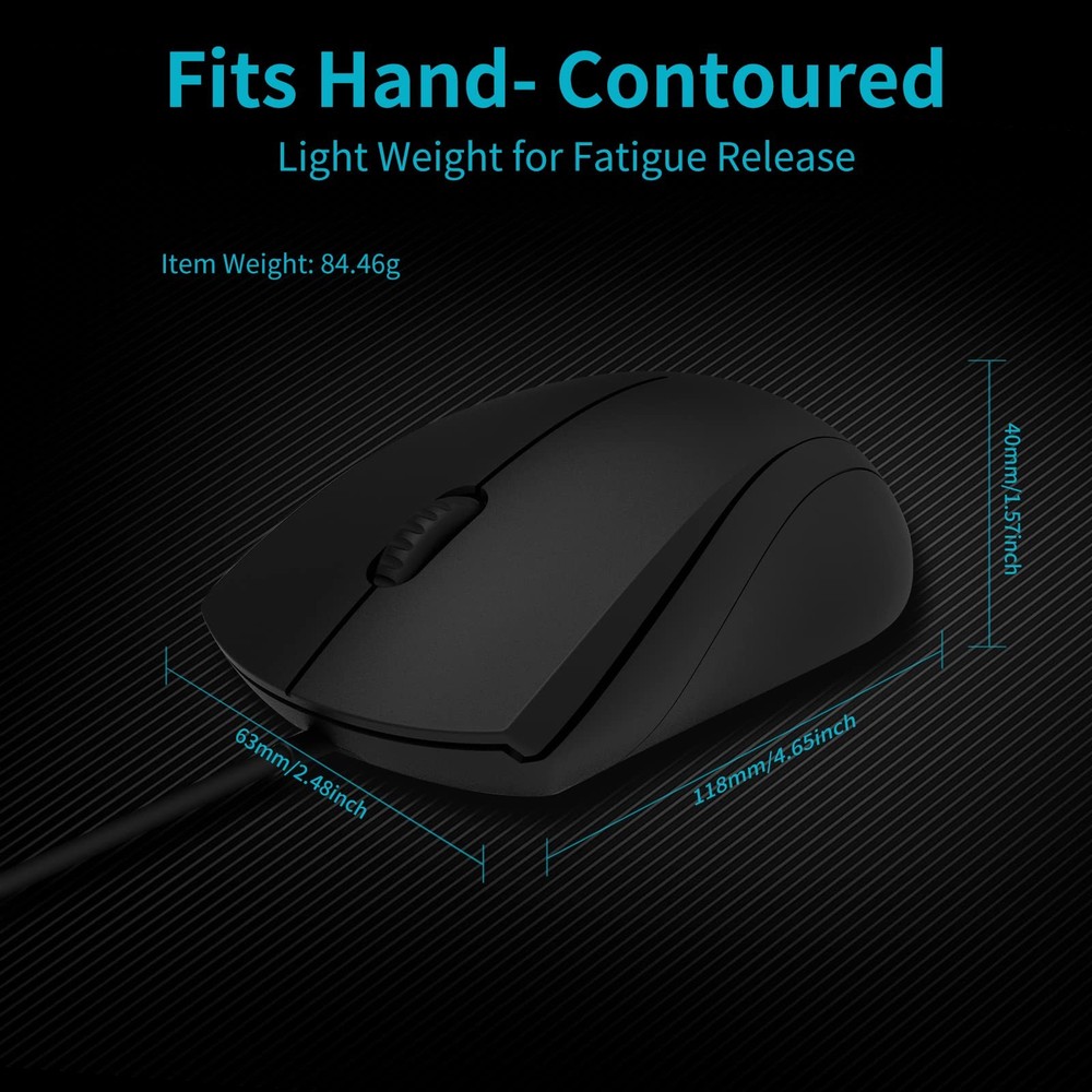 Silent Wired Mouse 1000 DPI 5ft Cord Quiet Button Optical Matte Black