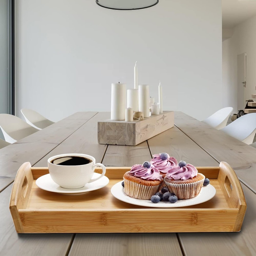 Peohud 4 Pack Bamboo Serving Trays with Handles, Rectangular Kitchen