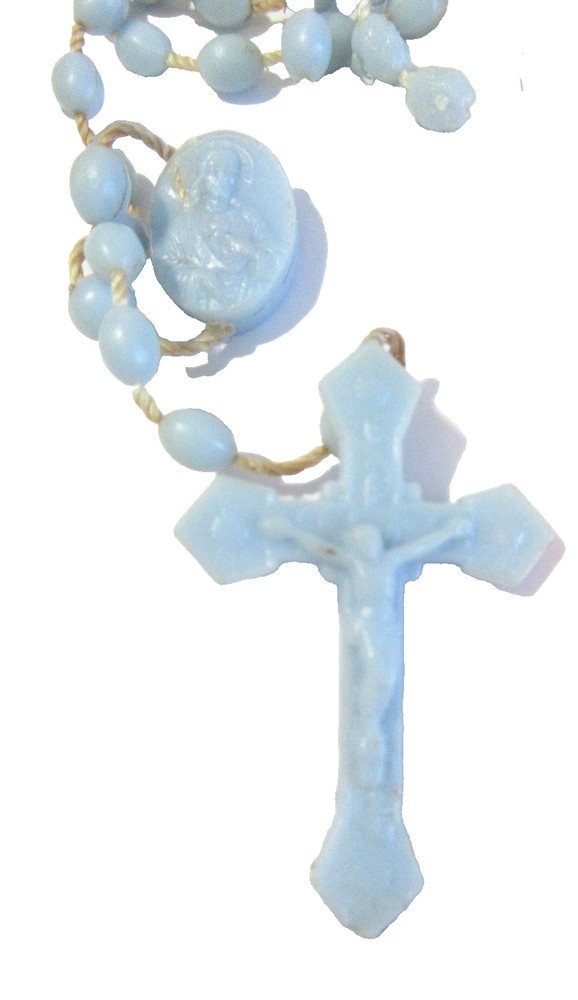 LIGHT BLUE VINTAGE PLASTIC ROSARY SIGNED BREV
