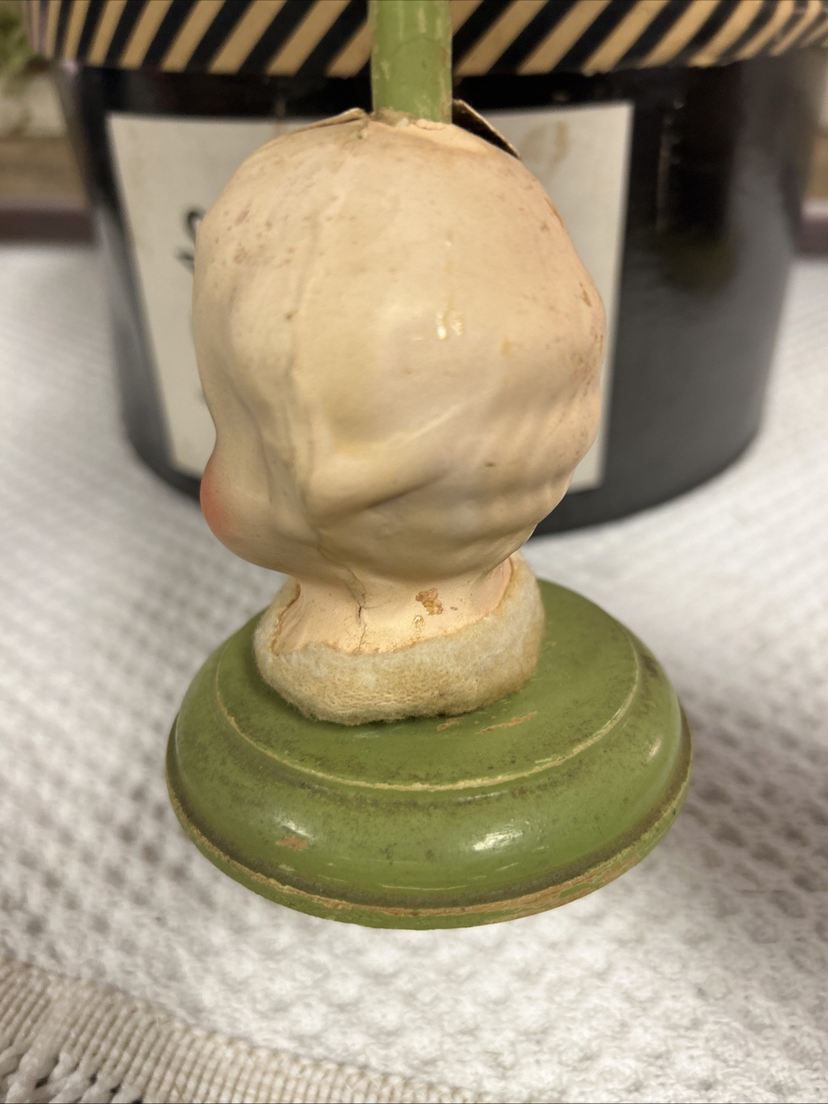 Antique Papier-Mâché Side Eyed Doll Head Girl Wood Hat Stand 9.5" Creepy Germany