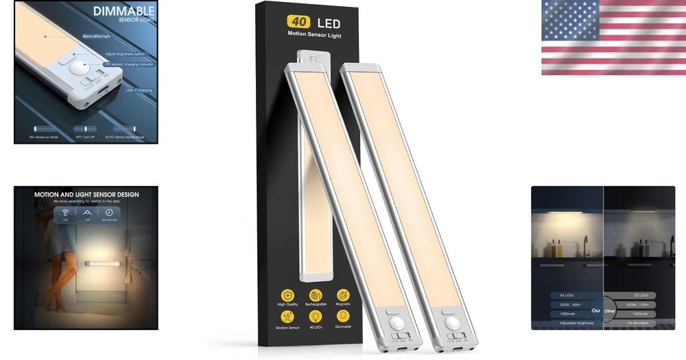 Wireless Dimmable Motion Sensor Lights - 2-Pack with USB-C Recharge for Easy Use