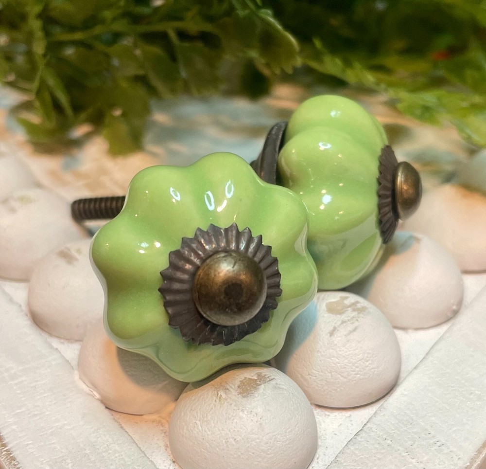 2 Brass 1.25" JADEITE GREEN Kitchen Cabinet Drawer Knobs Depression Caramic