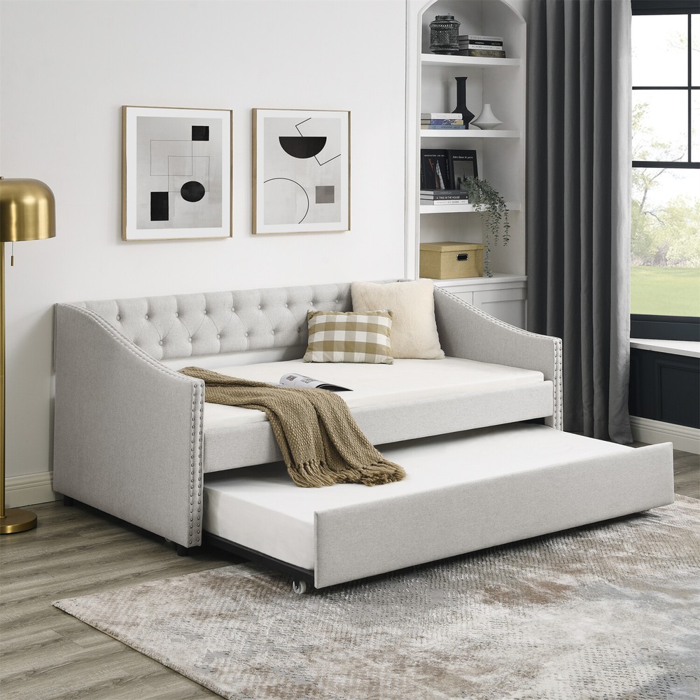 Twin/Full Size Daybed w/ Pull-Out Trundle Bed Upholstered Bed Frame Sofa Bed US