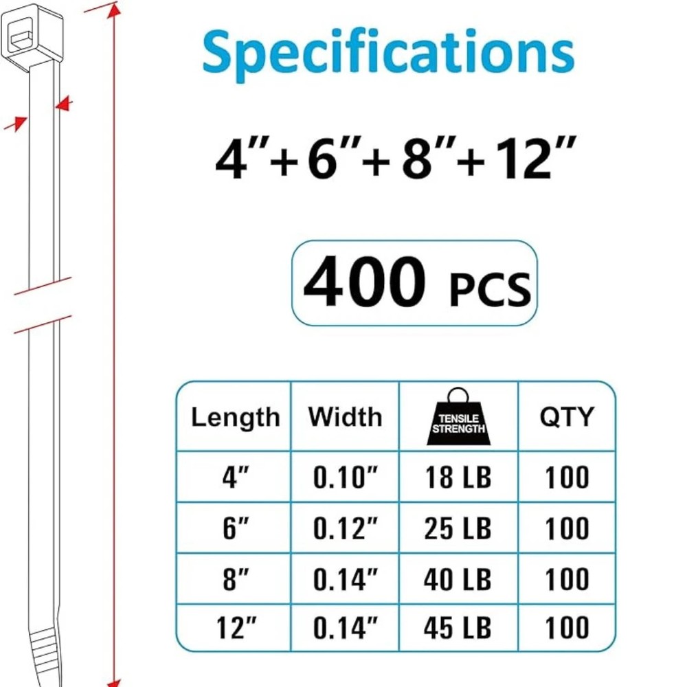 Zip Ties Assorted Sizes(4”+6”+8”+12”), 400 Pack, Black Cable Ties, UV Resistant
