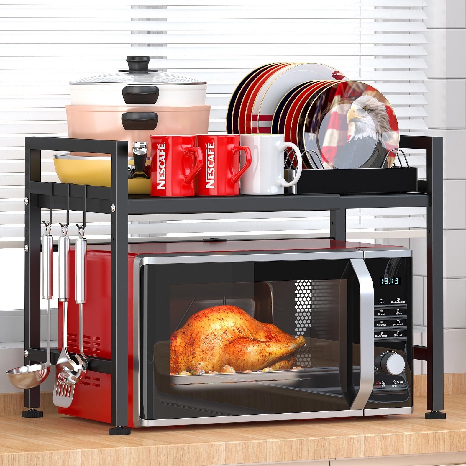 PUSDON Extendable Microwave Oven Rack, Adjustable H-frame 2 tier, Black