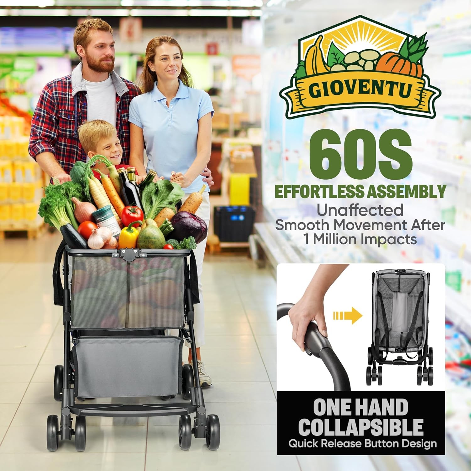 80lbs Multi Use Grocery Carts with 360° Wheels & Removable Bag One-Click Folding