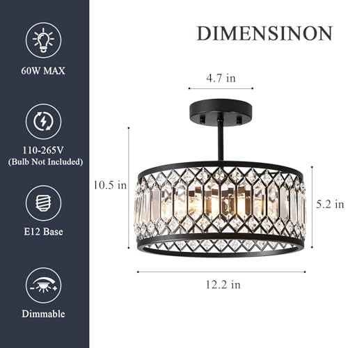 Crystal Ceiling Light, Modern Semi Flush Mount Ceiling Lighting 12.2in Black