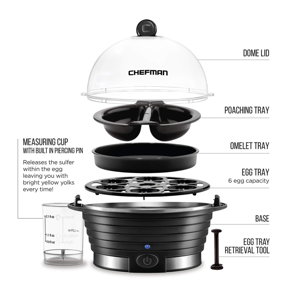 Chefman Egg-Maker Rapid Poacher Steamer Makes 6 Eggs Hard Medium Soft Black
