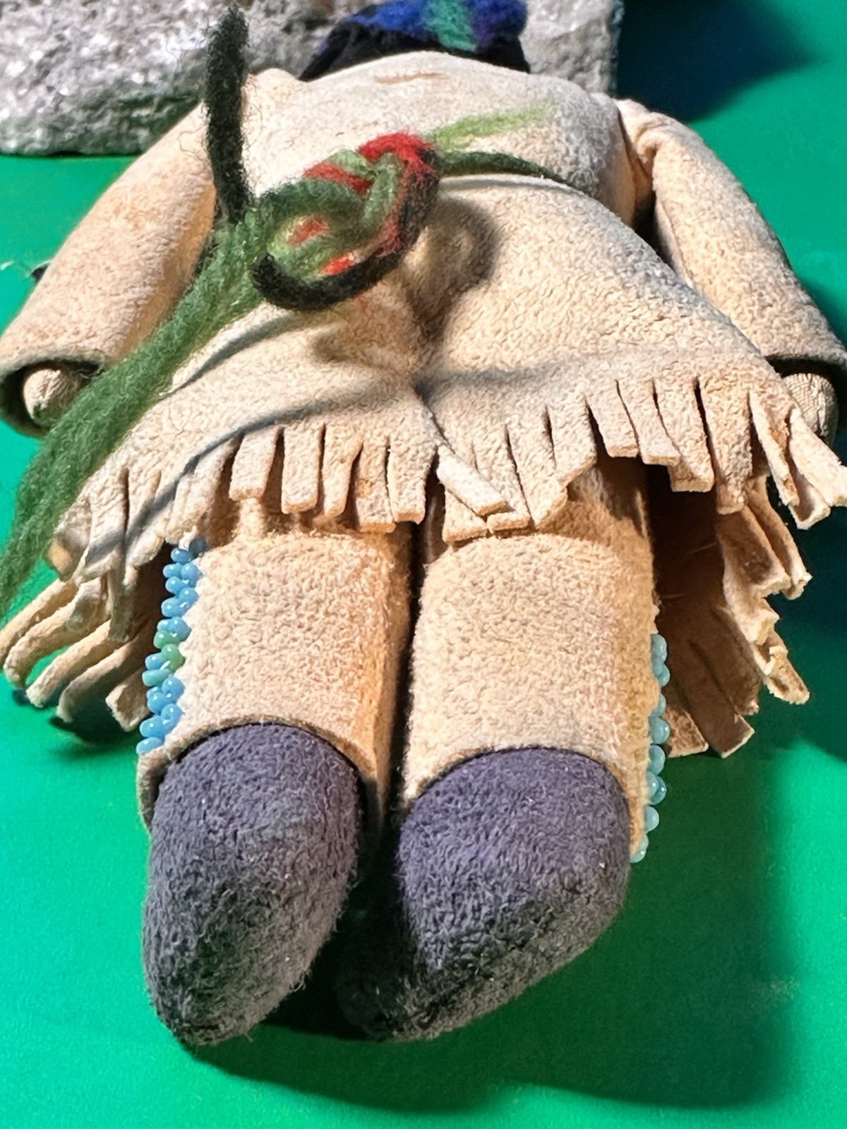 RARE 19th Century Antique Native Plain’s Indian Fringe Beaded Hide Doll Ink Face