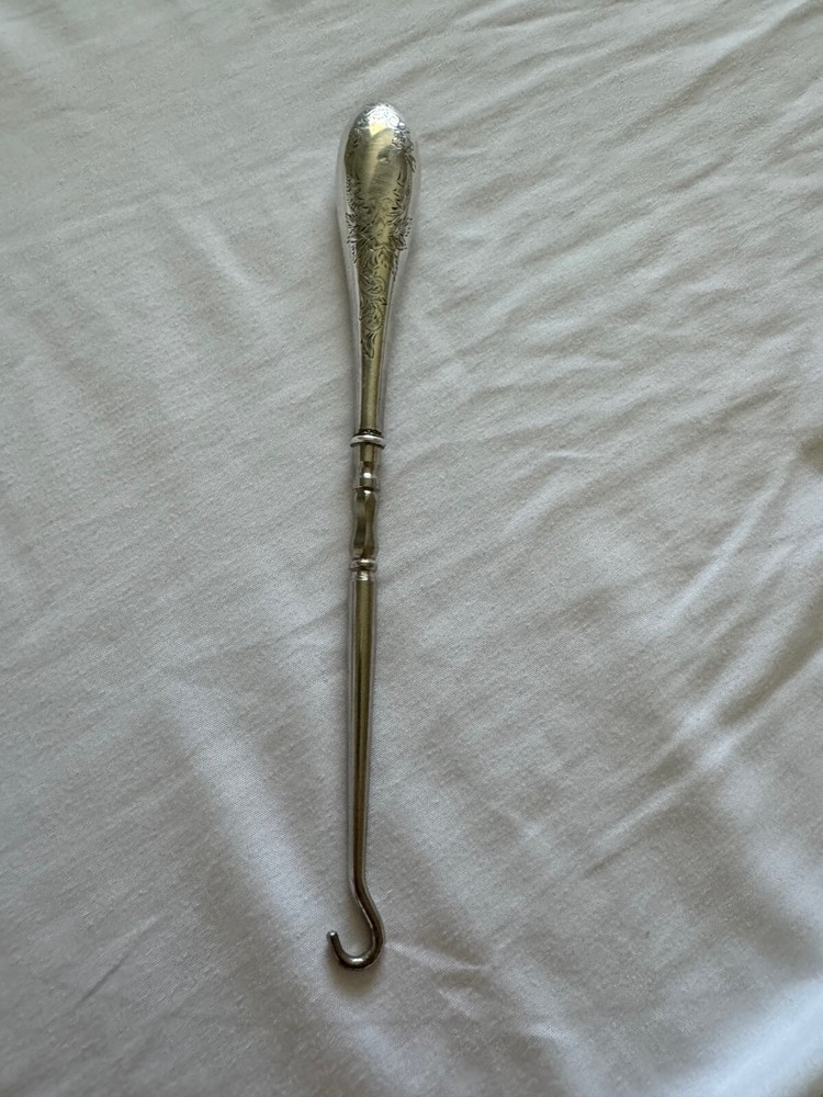 Antique Sterling Silver Handle Button Hook Engraved Scrolling and Flower Design
