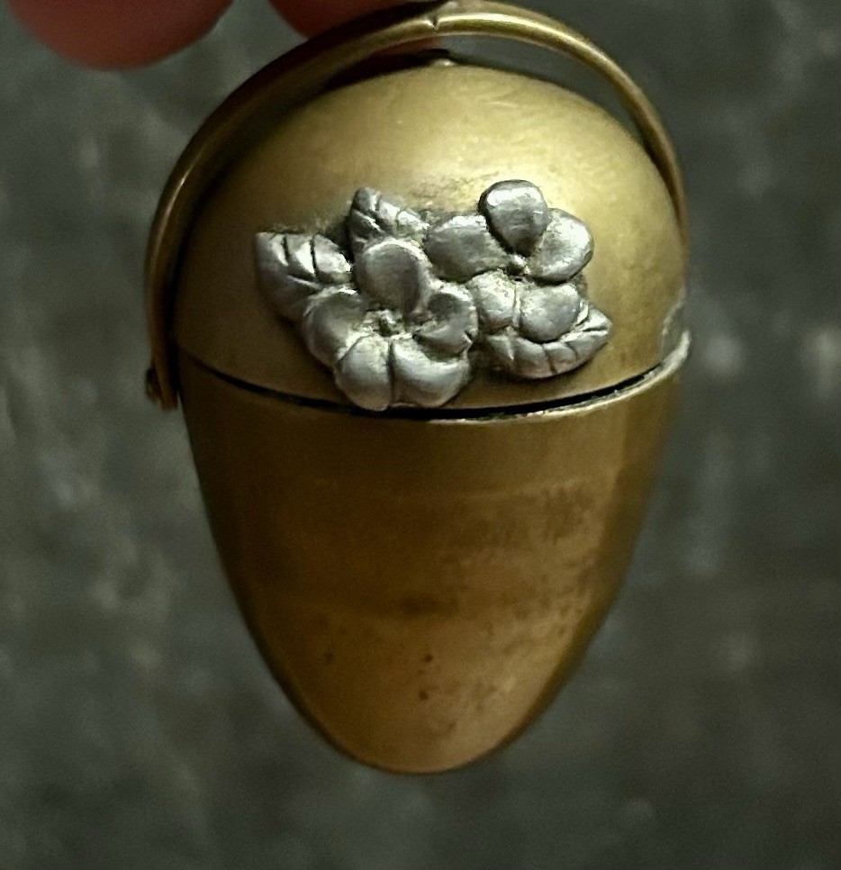 Victorian Brass Thimble Holder Sewing Egg 2" Silver Flowers Chatelaine 1880s