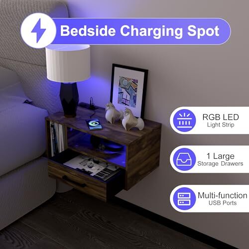 Floating Nightstand with Charging Station and LED Lights, Floating Rustic Brown