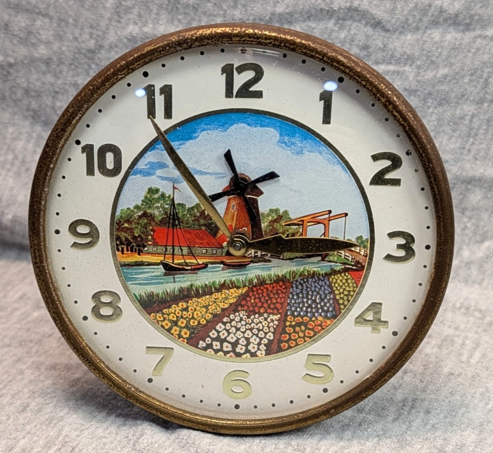 Vintage Animated Mechanical Dutch Windmill Table Desk Clock WORKS