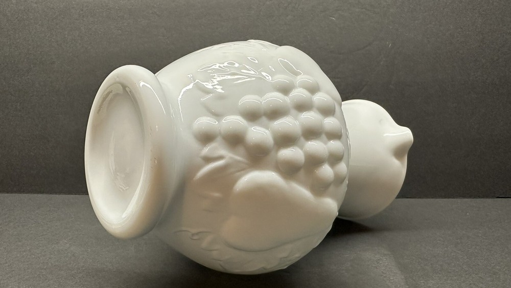 Vintage Embossed Fruit Pattern Milk Glass Pitcher With Clear Glass Handle 8"