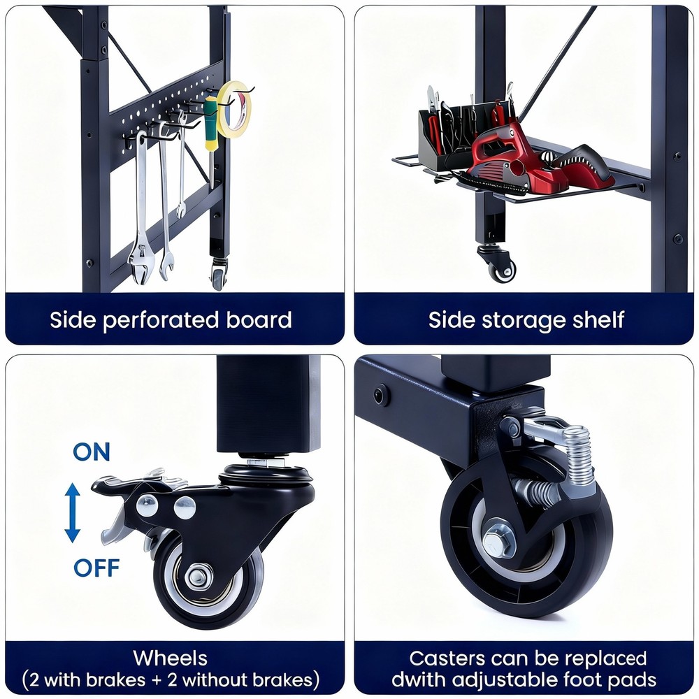 48" Adjustable Rolling Workbench w/ Pegboard Shelf AC/USB Outlet for Workshop