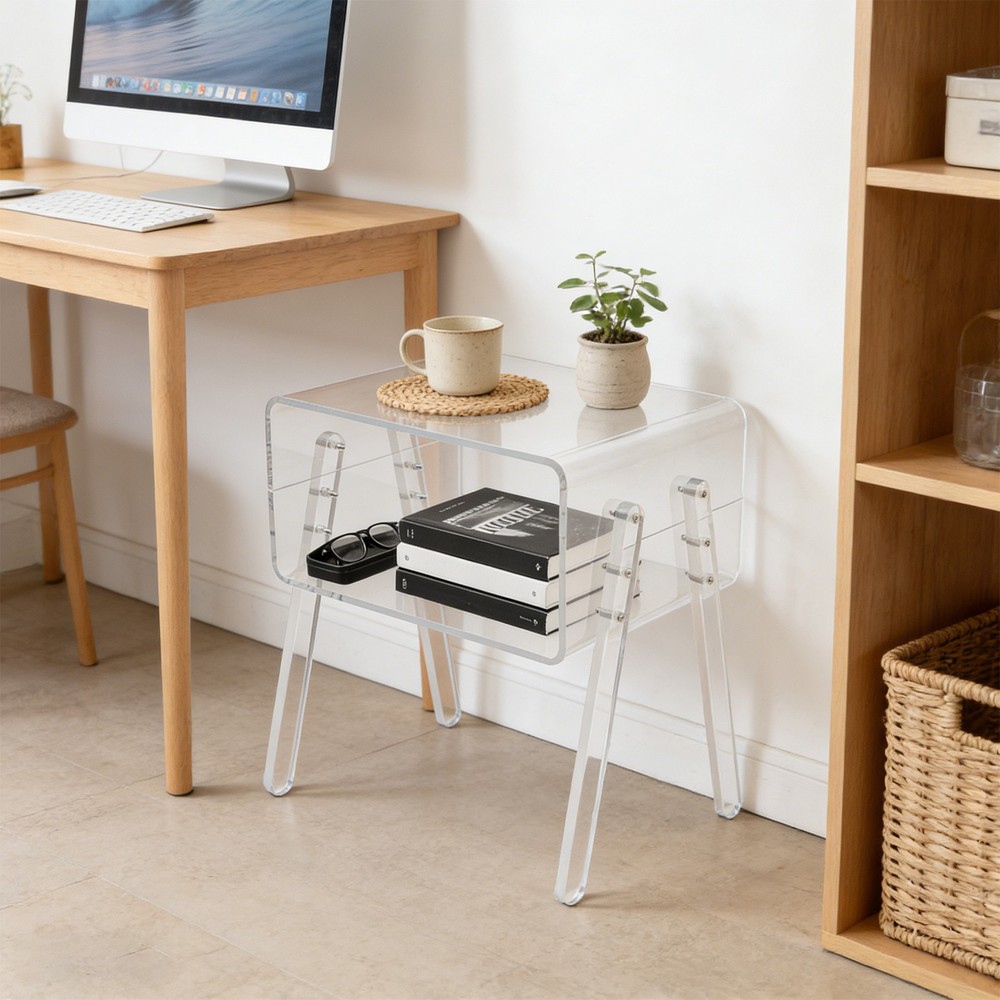 End Table Rectangular, Modern Clear Side Table Open Compartment Table for Couch