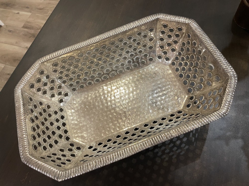 Vintage Silver Tone Ornate Rectangular Open work Hammered Footed Basket 55