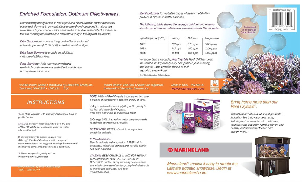 Instant Ocean Reef Crystals Salt for 50 Gallons, Enriched Formulation