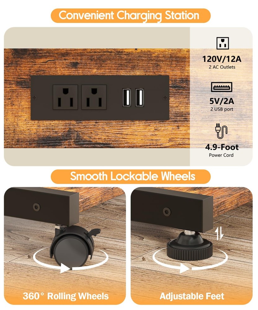 Height Adjustable Computer Tower Stand with Charging Station, 2 Tier Mobile F...