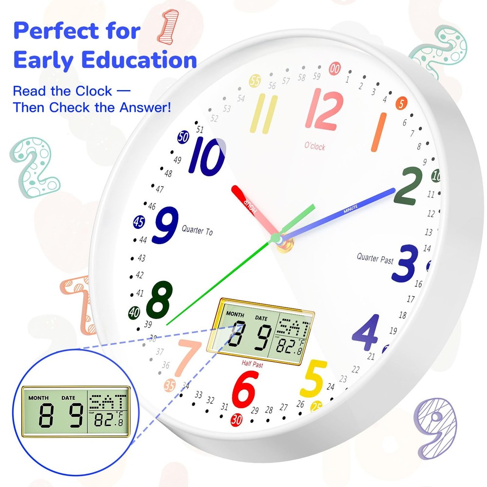12" Silent Teaching Wall Clock with LCD Date Weekday Temperature Display – Te...
