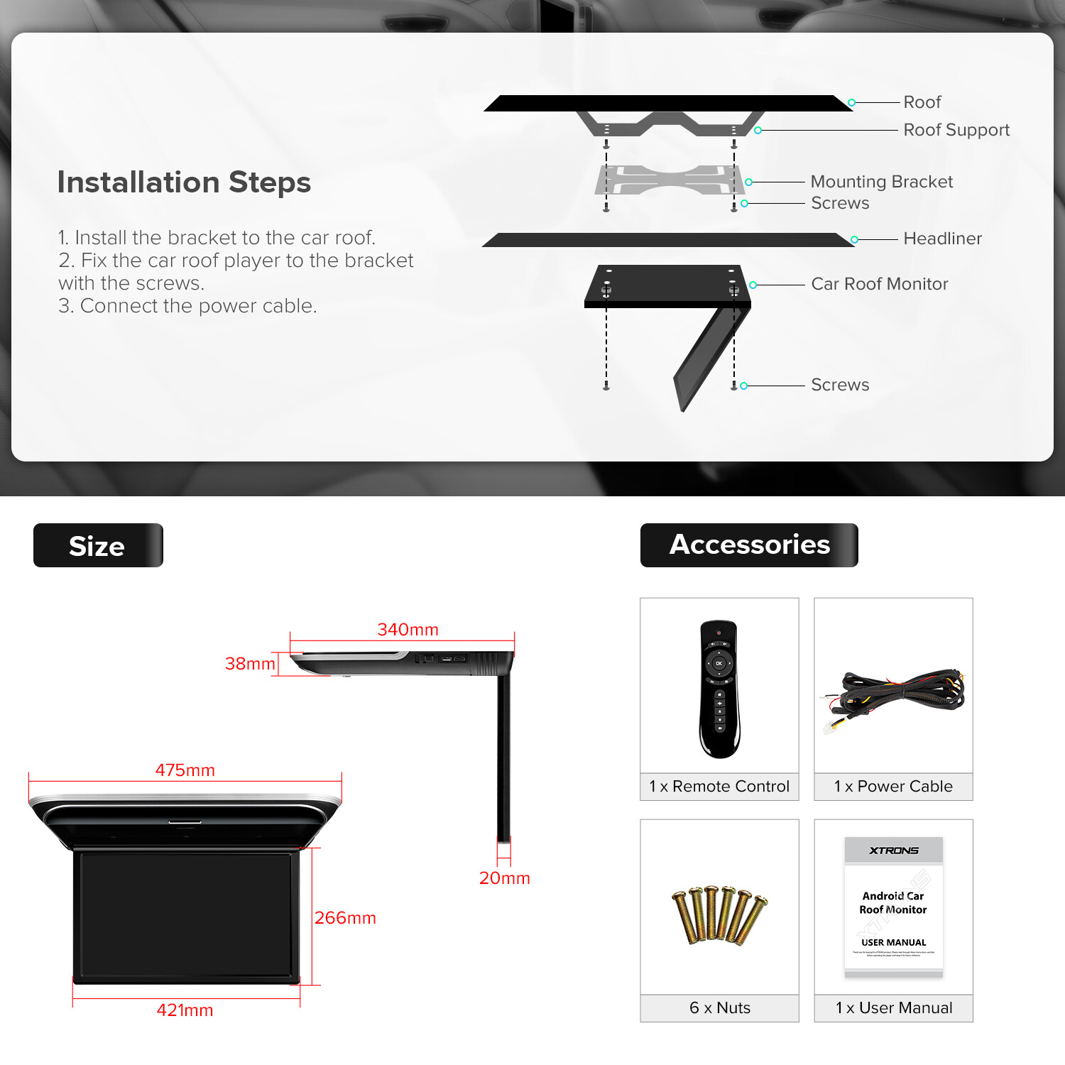 17.3" Car Roof TV Video Flip Down Overhead Monitor IPS Screen WiFi HDMI 1080P