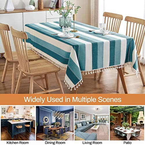 Striped Tassel Tablecloth Stitching Rectangle 120" x 55" (Rectangular) Teal