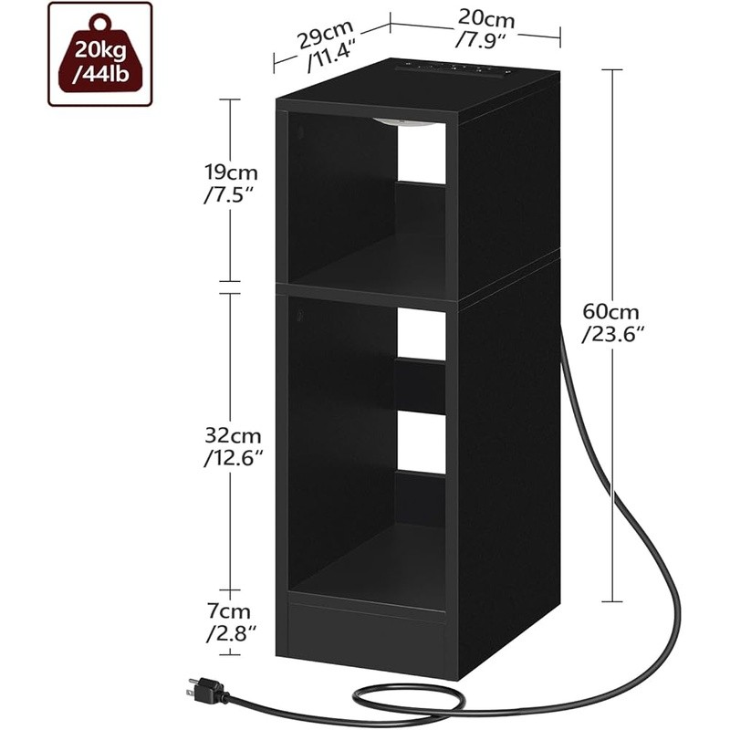 Narrow Nightstand Charging Station LED Sensor Light Modern Side Table Storage US