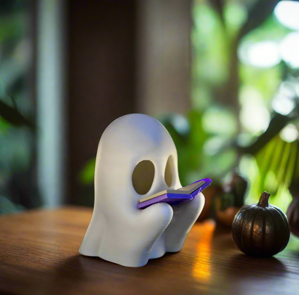 Reading Ghost Figurine Bookshelf Decor LED Tea Light Book Lover Gift