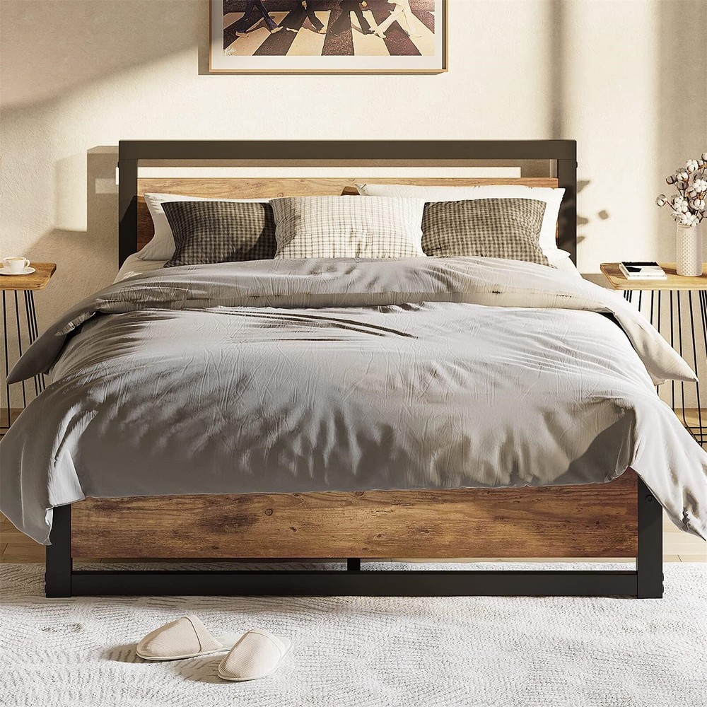 King Size Bed Frame W/Headboard Industrial King Platform Bedframe No Box Spring