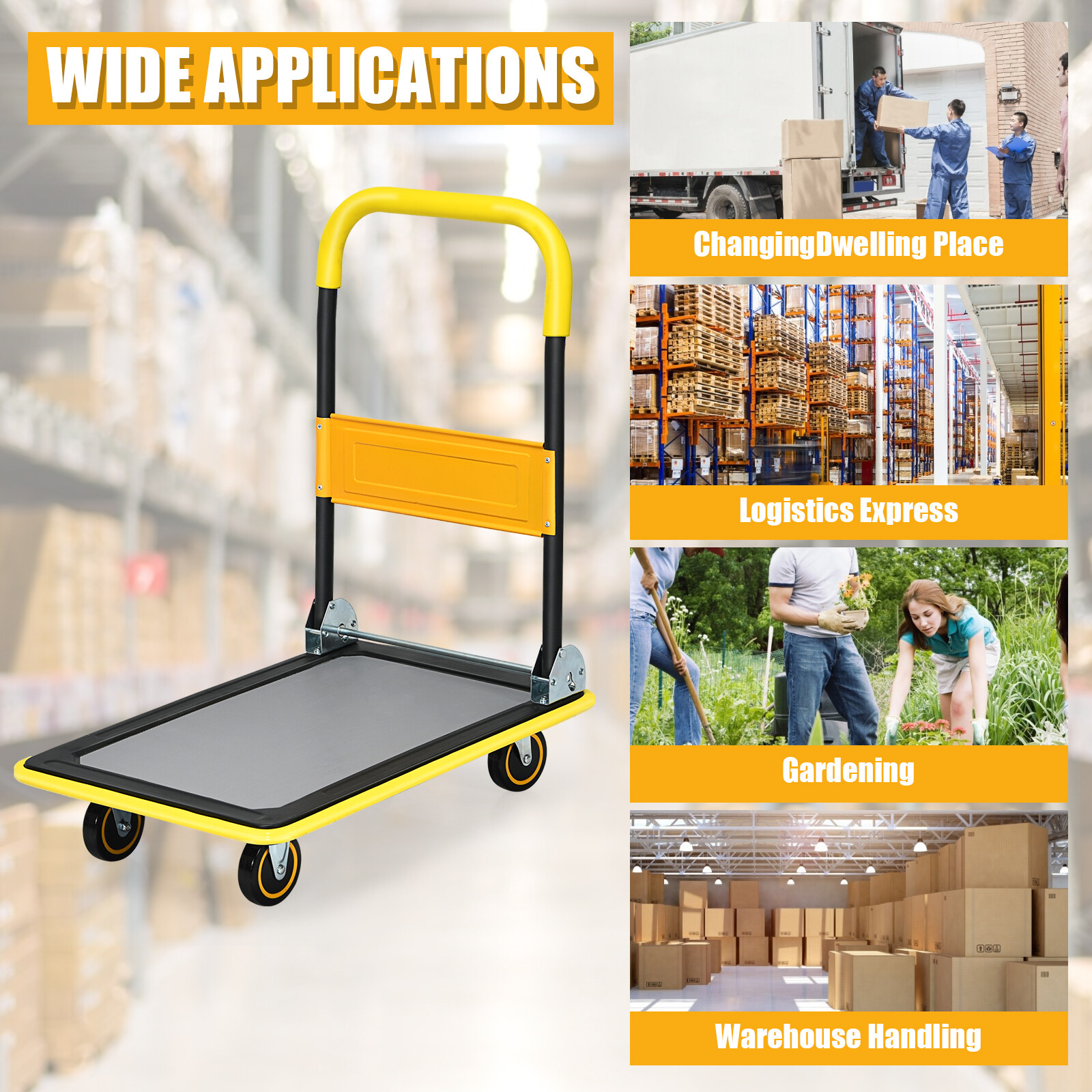 Folding 330LBS Rolling Flatbed Cart Hand Platform Truck Push Dolly