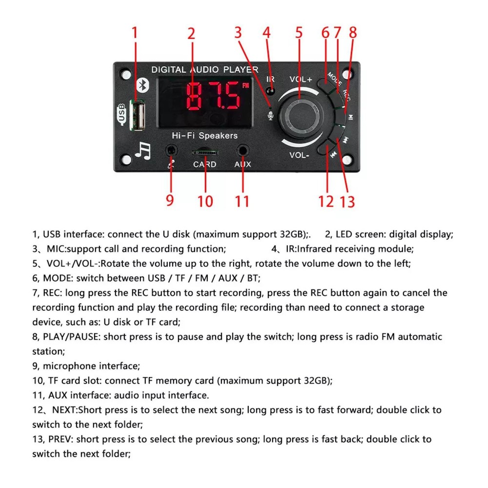 DC7-25V 2*50W Amplifier Bluetooth MP3 Player Decoder Board FM Radio TF Car kit