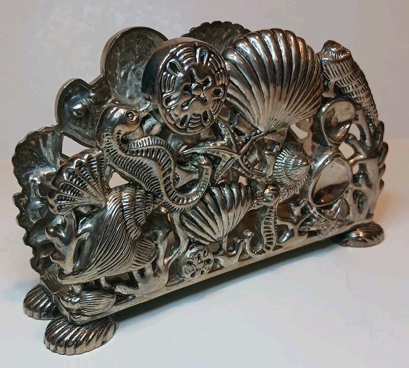 Vtg 1994 Godinger Silver Co Silver Seashell Seahorse Ocean Napkin Letter Holder