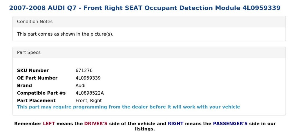 2007-2008 AUDI Q7 - Front Right SEAT Occupant Detection Module 4L0959339
